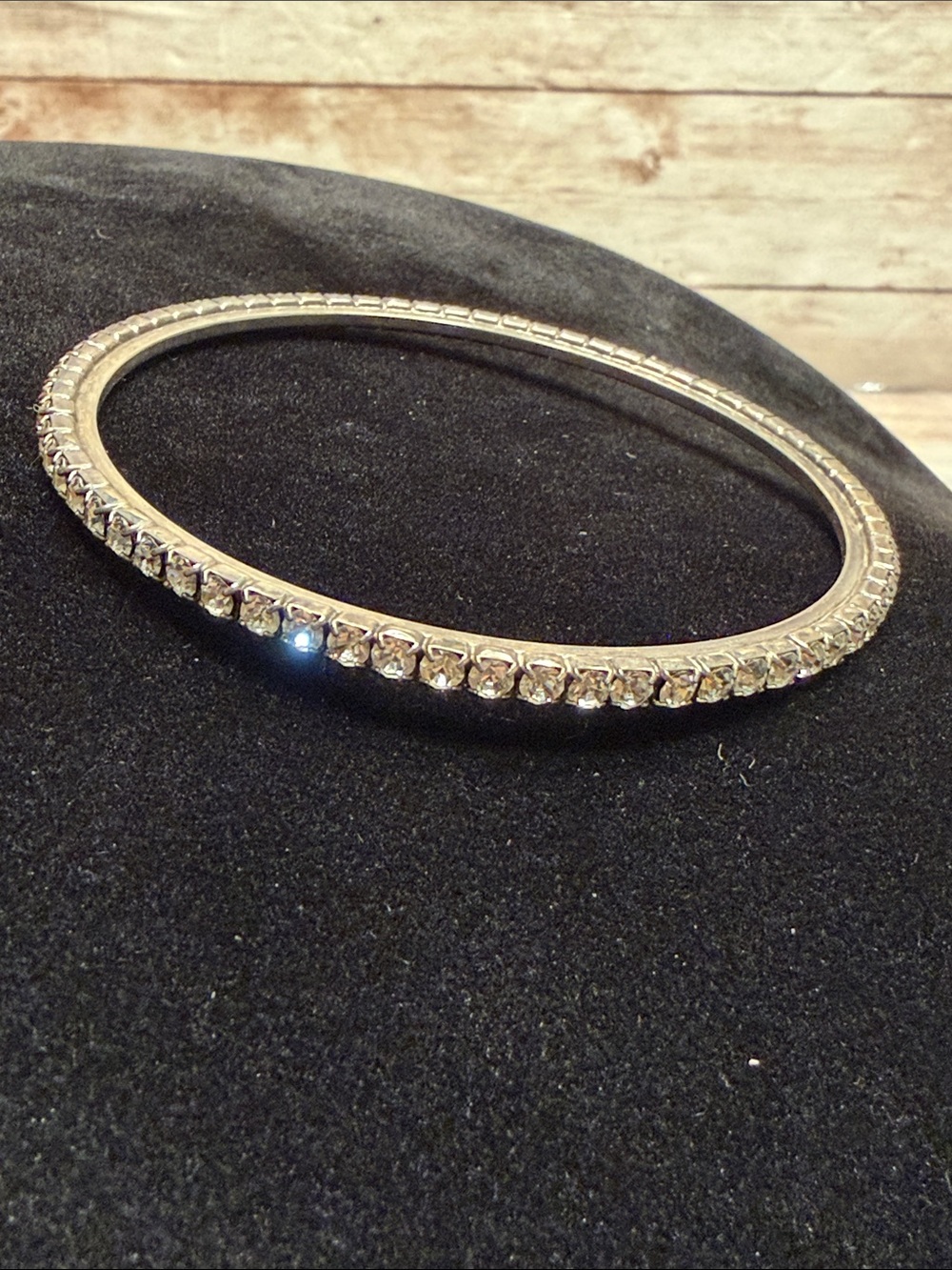 Vintage Crystal-Accent Silver Bangle Bracelet - Elegant Clear Rhinestones
